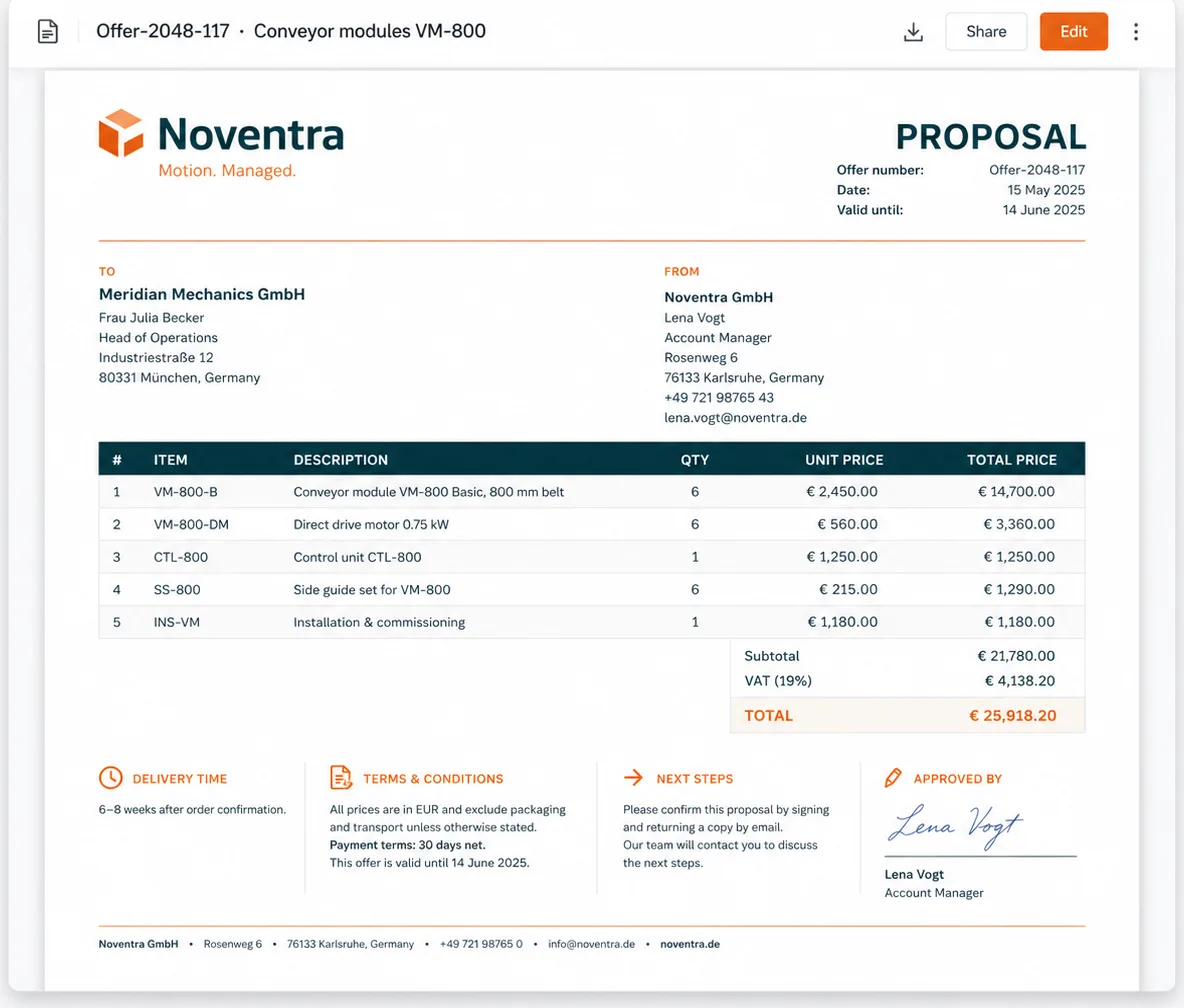 Finished proposal with line items, pricing, terms and the account manager signature