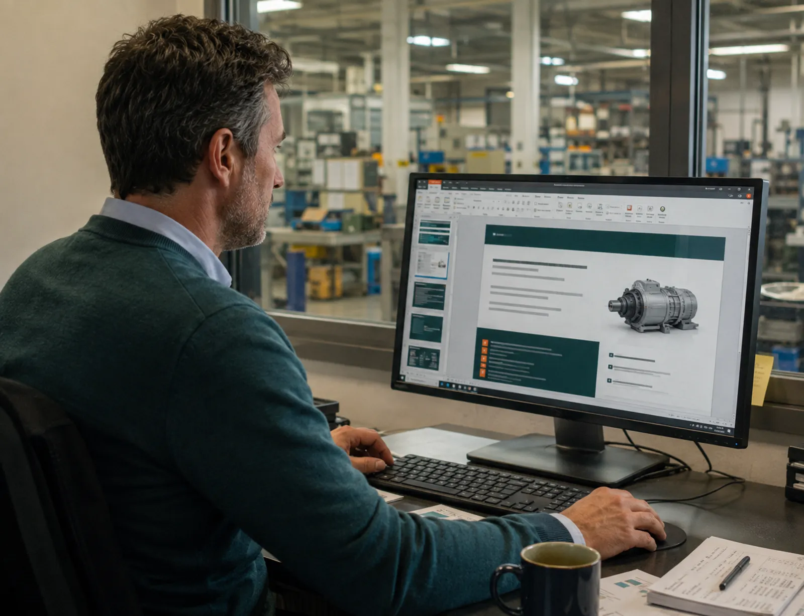 A sales employee reviewing a proposal presentation in the company's own PowerPoint template, in an office next to the production hall.